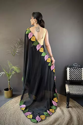 Black floral emboidery, solid rangoli silk saree with blouse