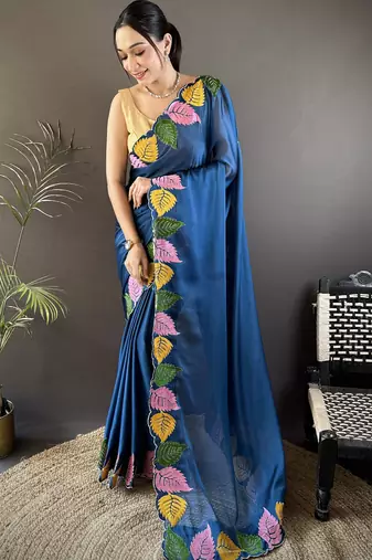 Blue floral emboidery, solid rangoli silk saree with blouse