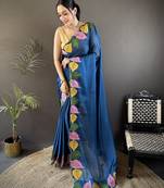 Blue floral emboidery, solid rangoli silk saree with blouse