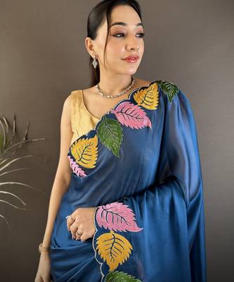 Blue floral emboidery, solid rangoli silk saree with blouse 2