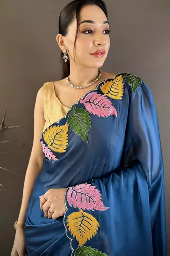 Blue floral emboidery, solid rangoli silk saree with blouse