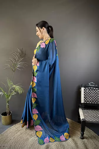 Blue floral emboidery, solid rangoli silk saree with blouse