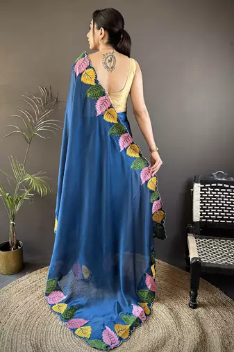 Blue floral emboidery, solid rangoli silk saree with blouse