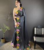 Grey floral emboidery, solid rangoli silk saree with blouse