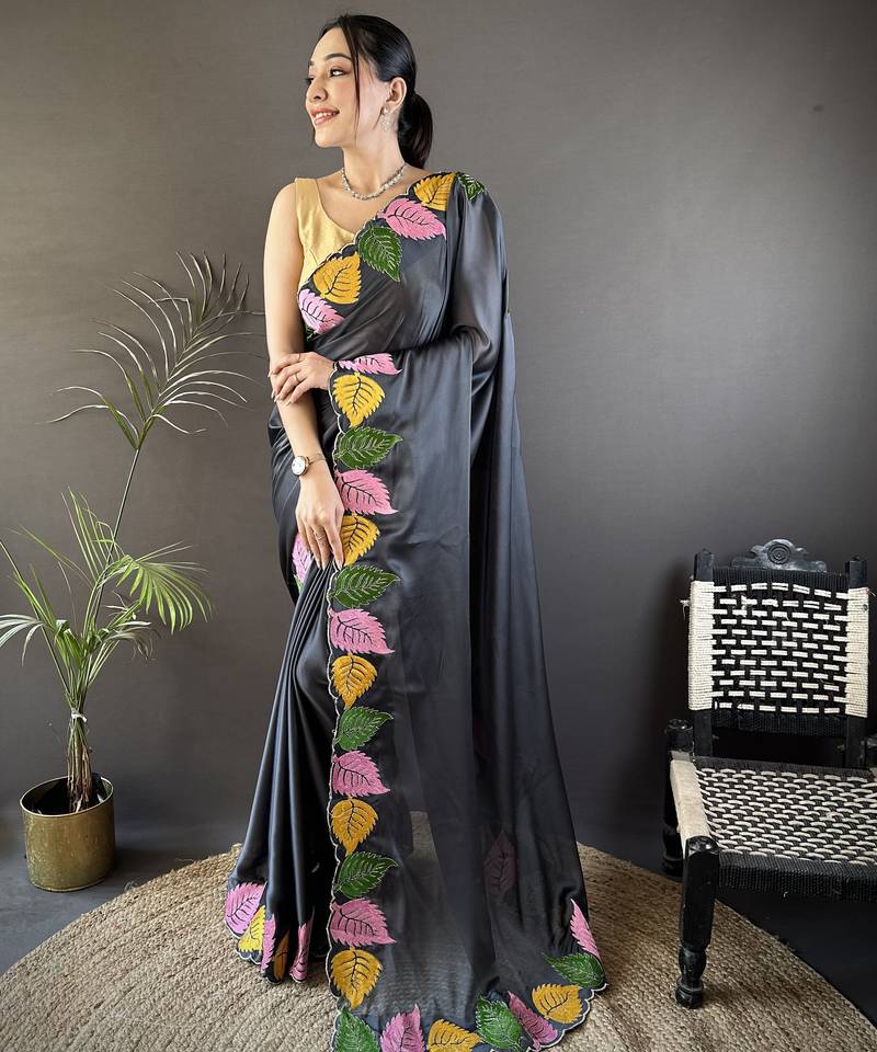 Grey floral emboidery, solid rangoli silk saree with blouse