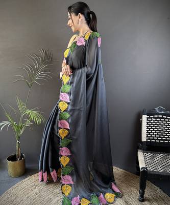 Grey floral emboidery, solid rangoli silk saree with blouse 3