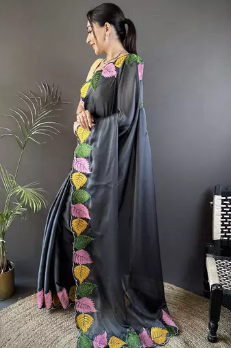 Grey floral emboidery, solid rangoli silk saree with blouse