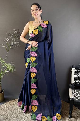 Navy blue floral emboidery, solid rangoli silk saree with blouse