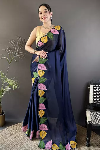 Navy blue floral emboidery, solid rangoli silk saree with blouse