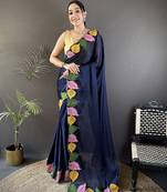 Navy blue floral emboidery, solid rangoli silk saree with blouse