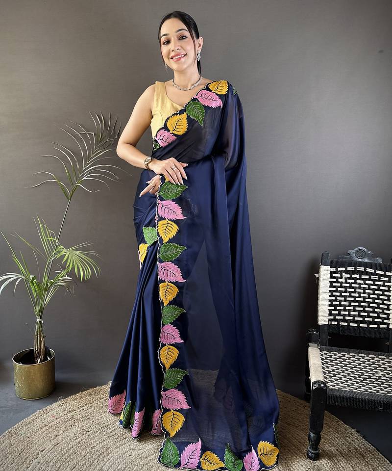 Navy blue floral emboidery, solid rangoli silk saree with blouse