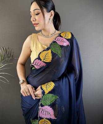 Navy blue floral emboidery, solid rangoli silk saree with blouse 2