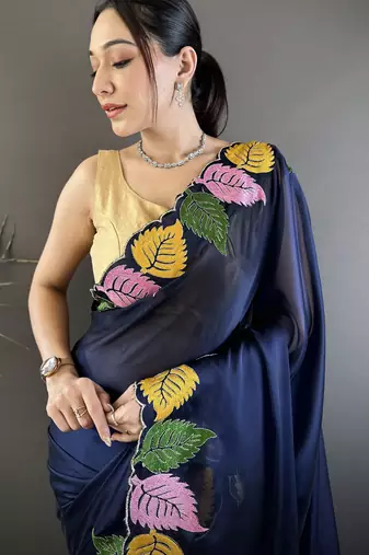 Navy blue floral emboidery, solid rangoli silk saree with blouse