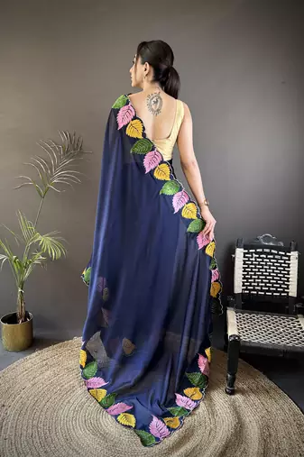 Navy blue floral emboidery, solid rangoli silk saree with blouse