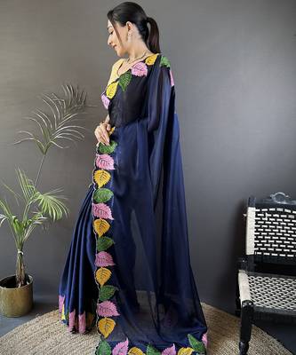 Navy blue floral emboidery, solid rangoli silk saree with blouse 4