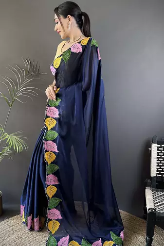Navy blue floral emboidery, solid rangoli silk saree with blouse