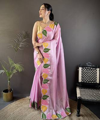 Pink floral emboidery, solid rangoli silk saree with blouse 1