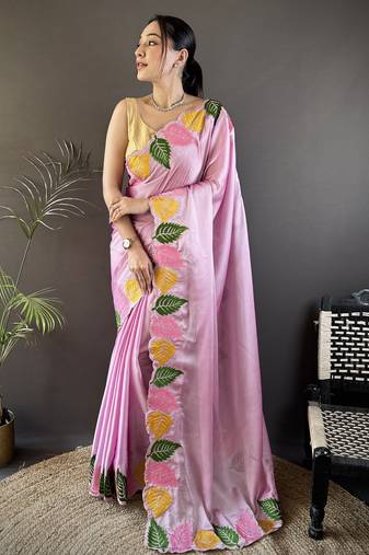 Pink floral emboidery, solid rangoli silk saree with blouse