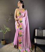 Pink floral emboidery, solid rangoli silk saree with blouse