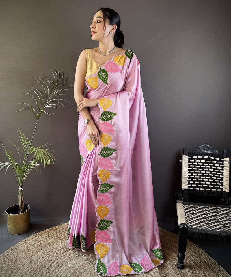 Pink floral emboidery, solid rangoli silk saree with blouse
