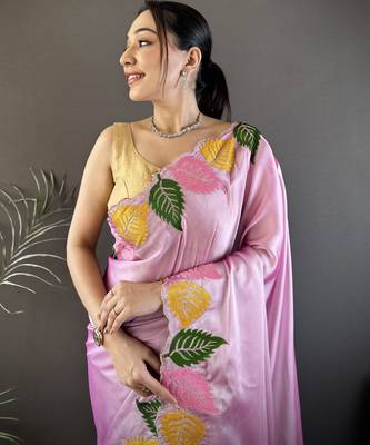 Pink floral emboidery, solid rangoli silk saree with blouse 2