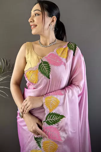 Pink floral emboidery, solid rangoli silk saree with blouse