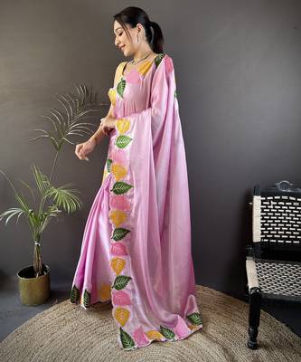 Pink floral emboidery, solid rangoli silk saree with blouse 3