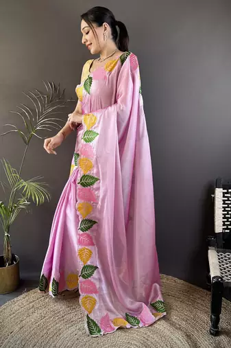 Pink floral emboidery, solid rangoli silk saree with blouse