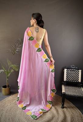 Pink floral emboidery, solid rangoli silk saree with blouse 4