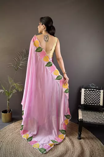 Pink floral emboidery, solid rangoli silk saree with blouse