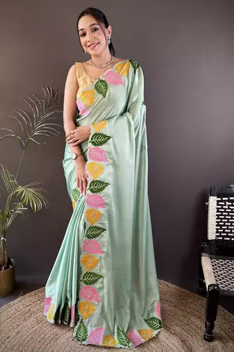 Pista green floral emboidery, solid rangoli silk saree with blouse
