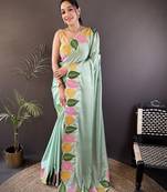 Pista green floral emboidery, solid rangoli silk saree with blouse