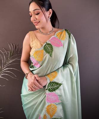 Pista green floral emboidery, solid rangoli silk saree with blouse 2