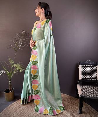 Pista green floral emboidery, solid rangoli silk saree with blouse 3