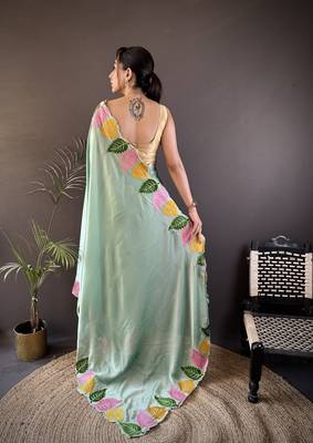 Pista green floral emboidery, solid rangoli silk saree with blouse 4