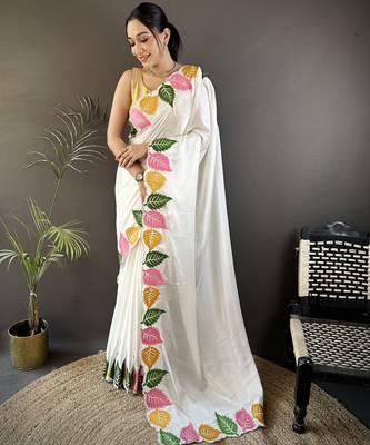 White floral emboidery, solid rangoli silk saree with blouse 1