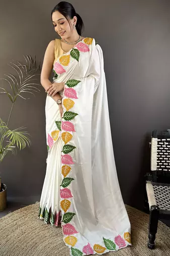 White floral emboidery, solid rangoli silk saree with blouse