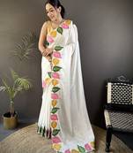 White floral emboidery, solid rangoli silk saree with blouse
