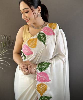 White floral emboidery, solid rangoli silk saree with blouse 2