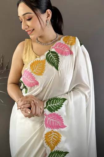 White floral emboidery, solid rangoli silk saree with blouse