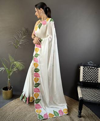 White floral emboidery, solid rangoli silk saree with blouse 3