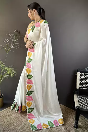 White floral emboidery, solid rangoli silk saree with blouse