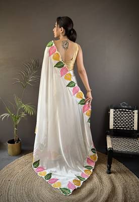 White floral emboidery, solid rangoli silk saree with blouse 4
