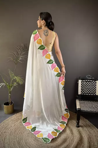 White floral emboidery, solid rangoli silk saree with blouse