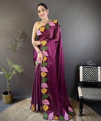 Wine floral emboidery, solid rangoli silk saree with blouse 1