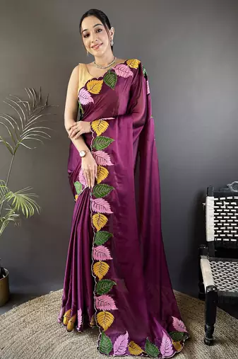 Wine floral emboidery, solid rangoli silk saree with blouse