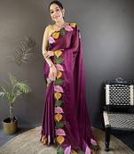 Wine floral emboidery, solid rangoli silk saree with blouse
