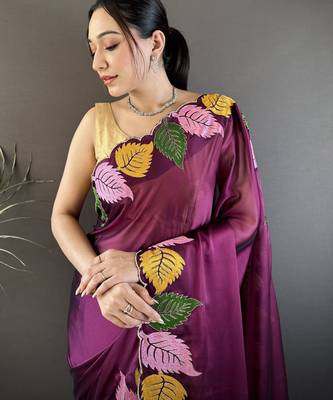 Wine floral emboidery, solid rangoli silk saree with blouse 2