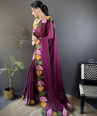 Wine floral emboidery, solid rangoli silk saree with blouse 3