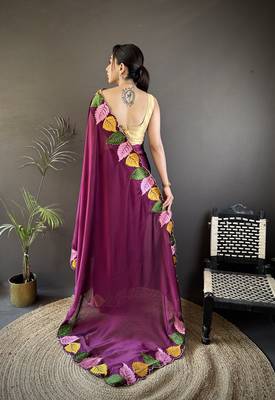 Wine floral emboidery, solid rangoli silk saree with blouse 4